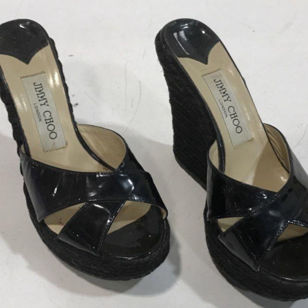 Women’s Jimmy Choo Black Patent Platform Espadrille Wedge Heels Sandals Size 37